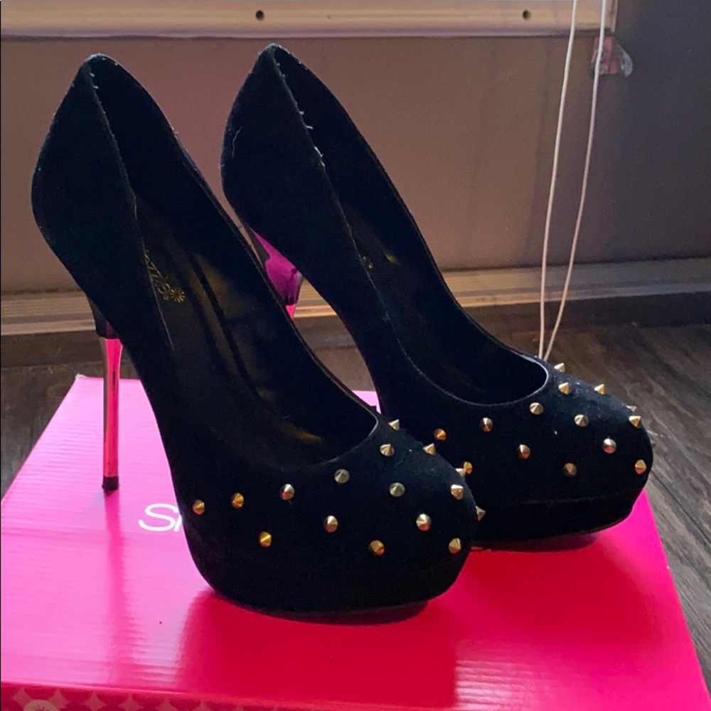 Black and gold spiked heels